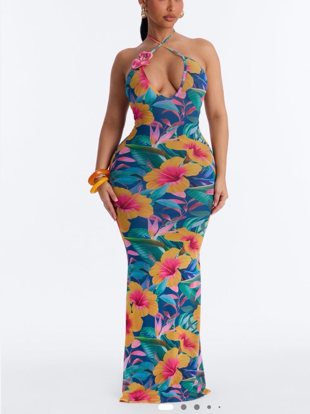 Fashion Nova Tropical Floral Halter Maxi Dress in Teal, Yellow & Pink